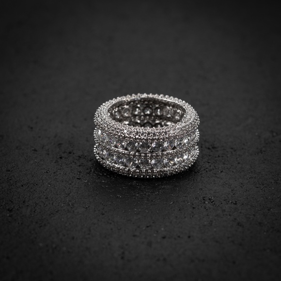 Men's White Gold Plated Iced Cz Two Row Pointer Hip Hop Elegant Eternity Ring - Picture 5 of 6